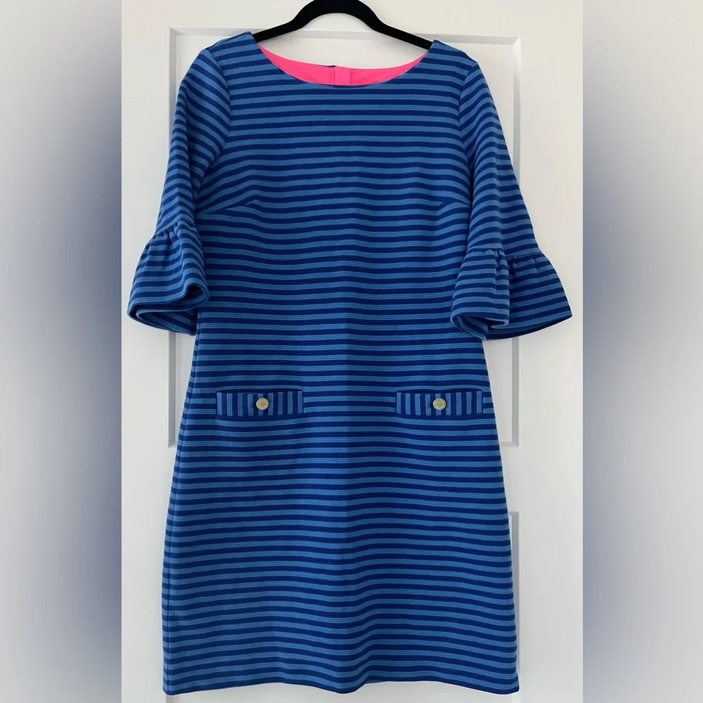Lilly Pulitzer Alden Blue Grotto Ottoman Striped Bell Sleeve Shift Dress, Medium